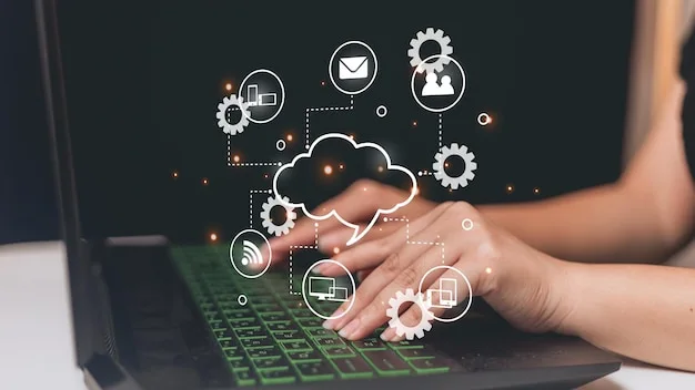 L'ensemble de la composition évoque des thèmes tels que la transformation numérique, le travail à distance, le développement logiciel ou la gestion de données dans un environnement technologique moderne.